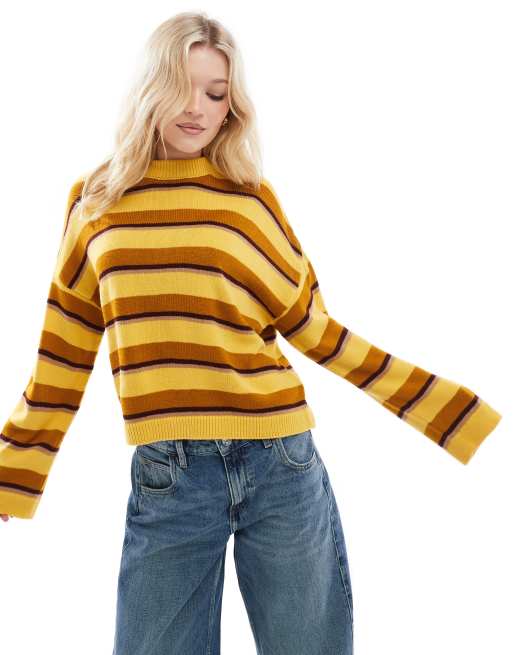 Miss Selfridge – Ockrafärgad, randig, stickad tröja i oversize