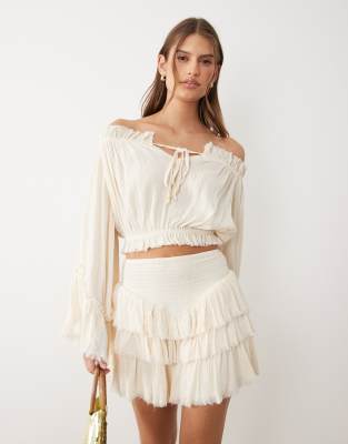 Miss Selfridge Off Shoulder Boho Blouse With Fluted Sleeves-neutral In Multi