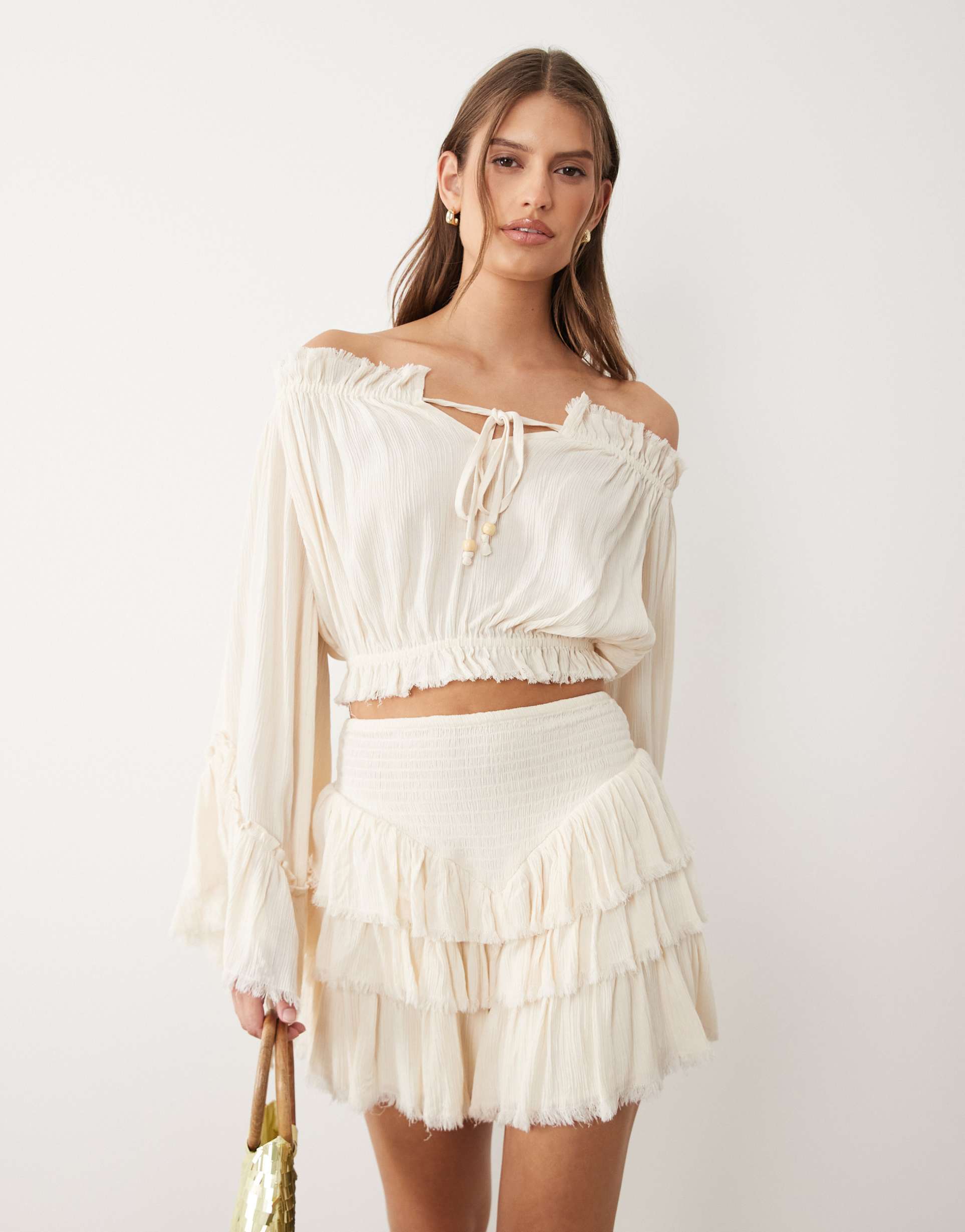 miss selfridge off shoulder boho blouse with fluted sleeves