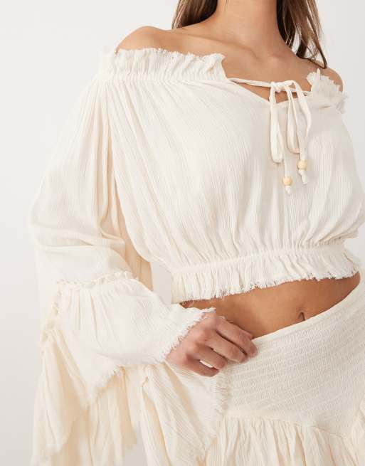 Miss Selfridge off shoulder boho blouse with fluted sleeves, 3 of 4