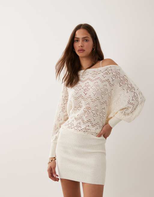 Miss Selfridge off shoulder crochet mix dress in cream, 2 of 4