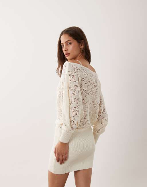 Miss Selfridge off shoulder crochet mix dress in cream, 4 of 4