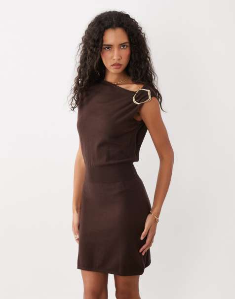 Miss Selfridge off shoulder dress in chocolate with brooch detail - view 1