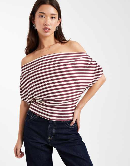 Miss Selfridge off-shoulder top in chocolate stripe