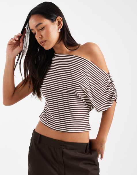 Miss Selfridge off shoulder top in chocolate stripe - view 1