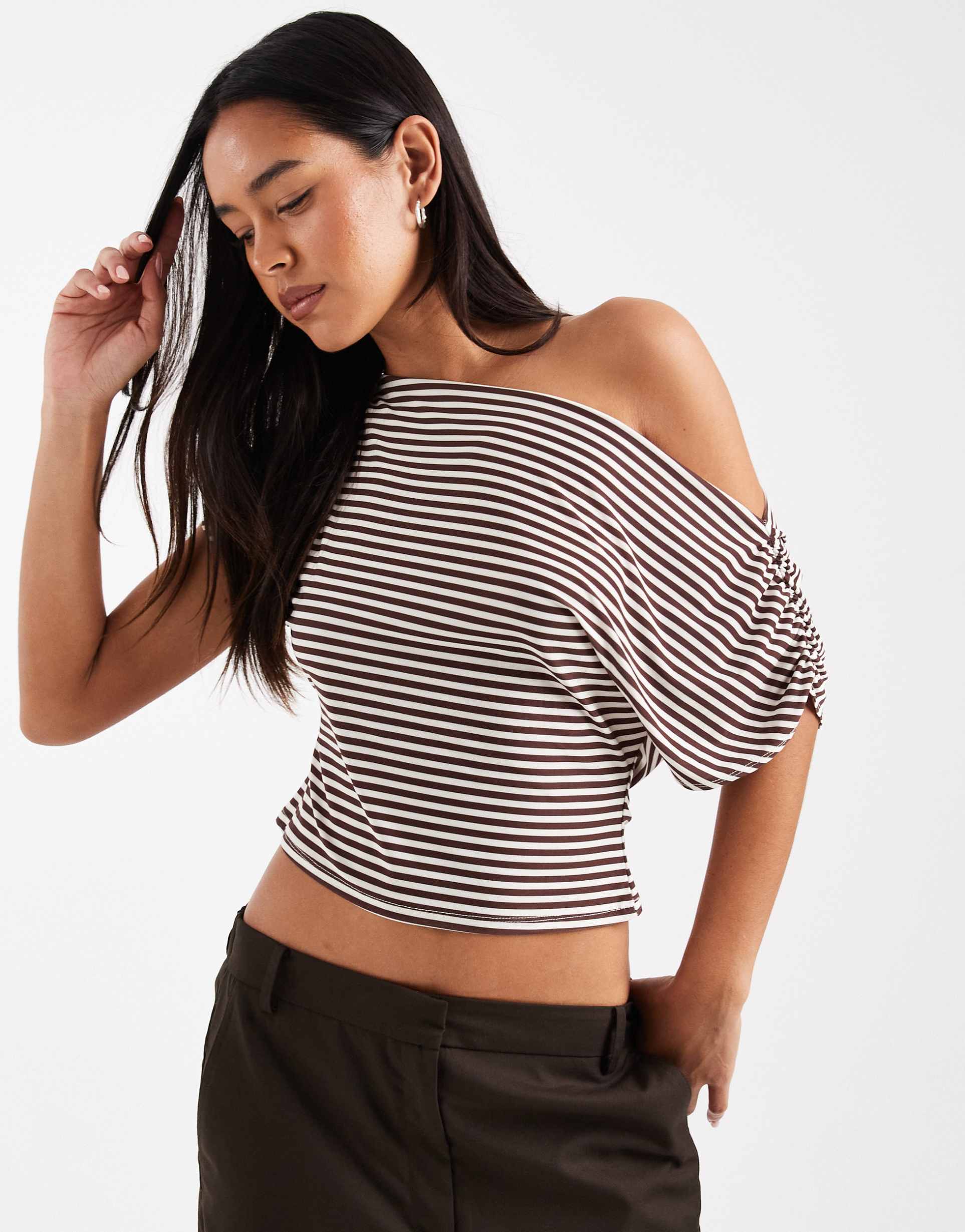 miss selfridge off-shoulder top in chocolate stripe