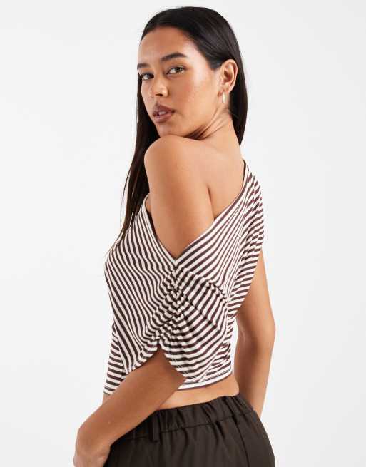 Miss Selfridge off-shoulder top in chocolate stripe