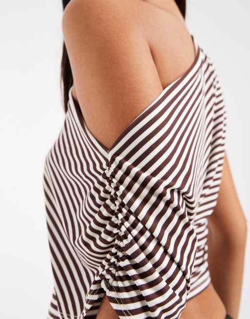 Miss Selfridge off-shoulder top in chocolate stripe