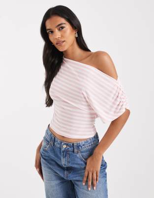 Miss Selfridge off shoulder top in pink cream stripe-Multi