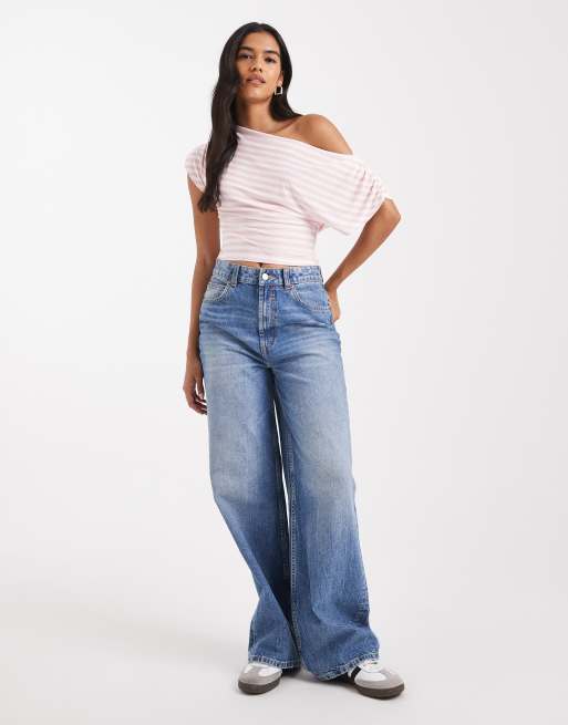 Miss Selfridge off shoulder top in pink cream stripe