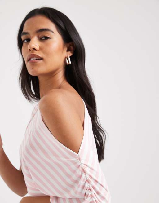 Miss Selfridge off shoulder top in pink cream stripe