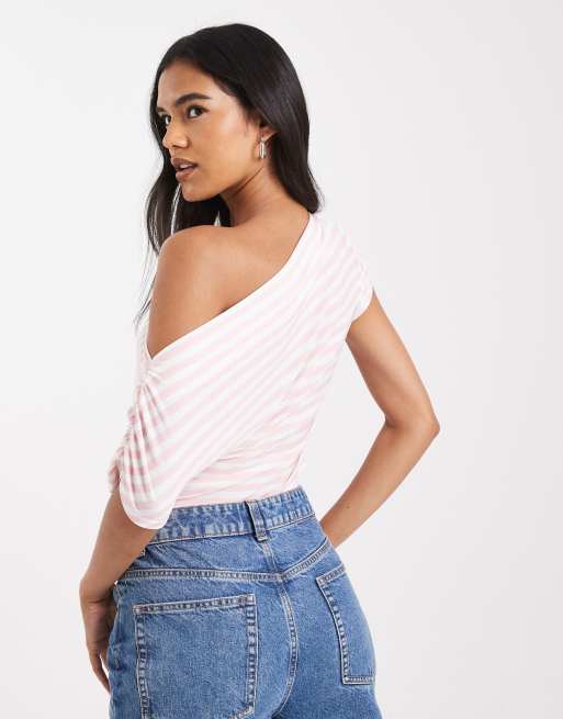 Miss Selfridge off shoulder top in pink cream stripe