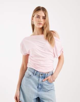 Miss Selfridge Off Shoulder Top With Ruched Sides In Pink