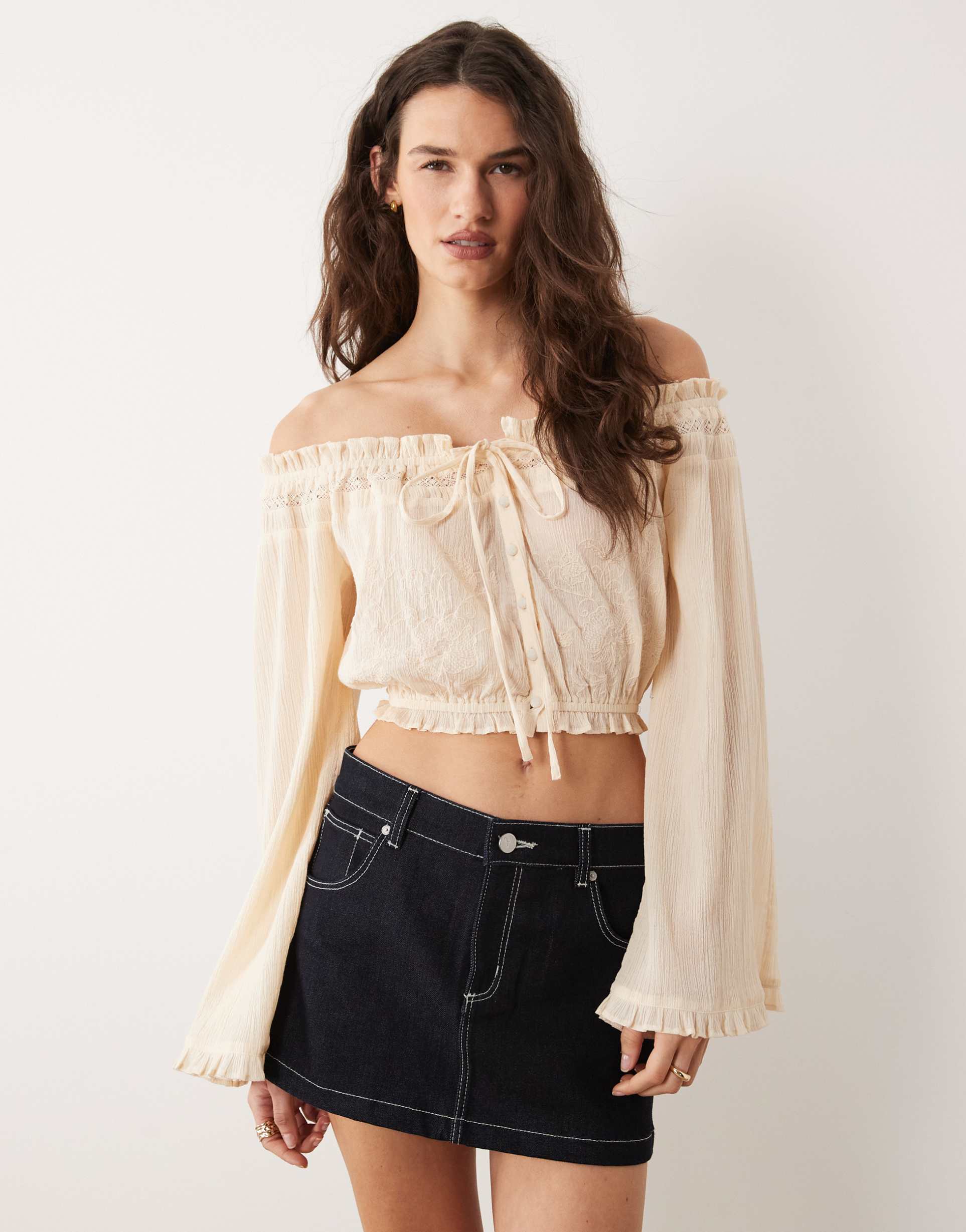 miss selfridge off the shoulder boho blouse in cream
