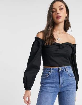 Miss Selfridge off the shoulder cropped blouse in black