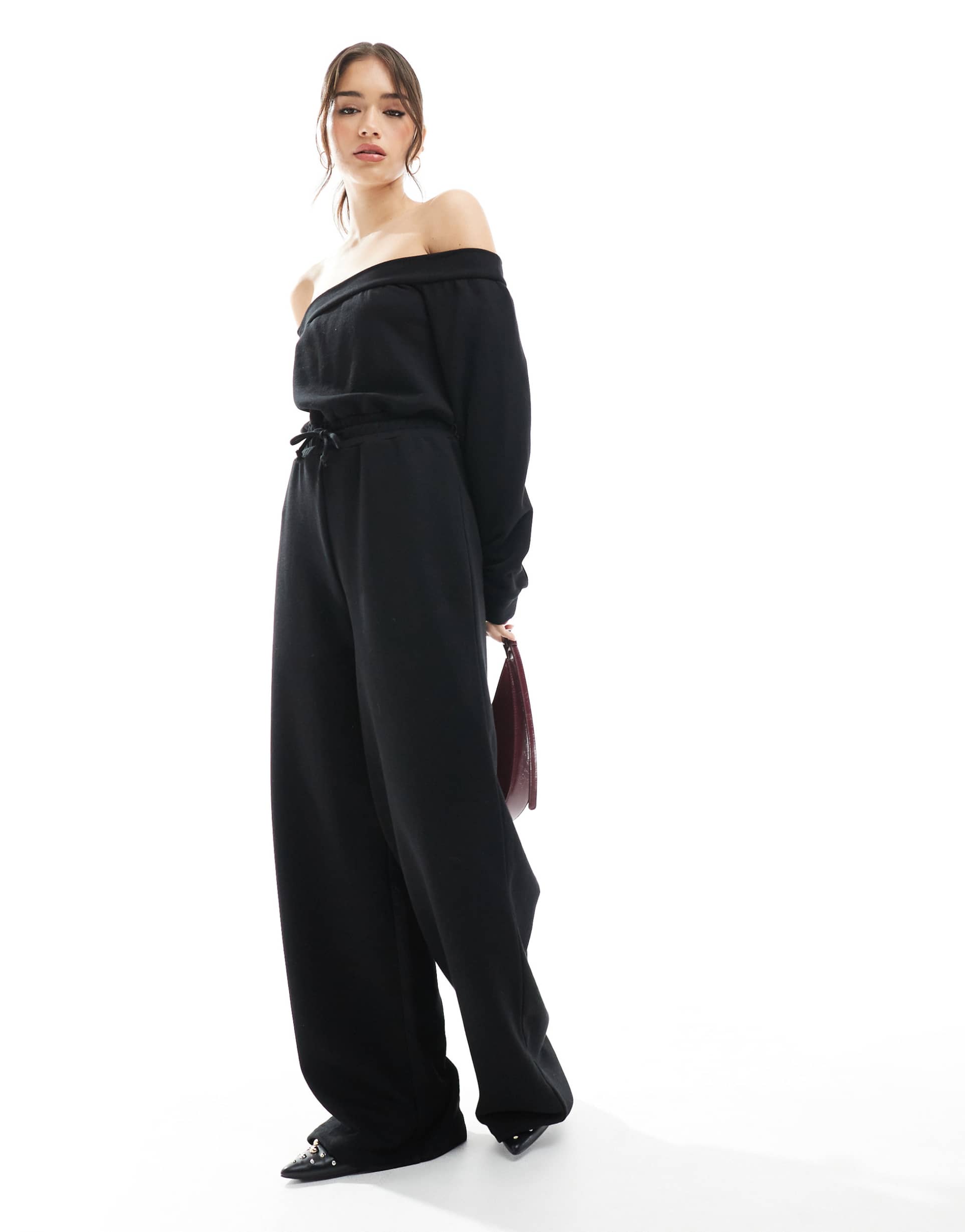 miss selfridge off the shoulder jersey wide leg jumpsuit