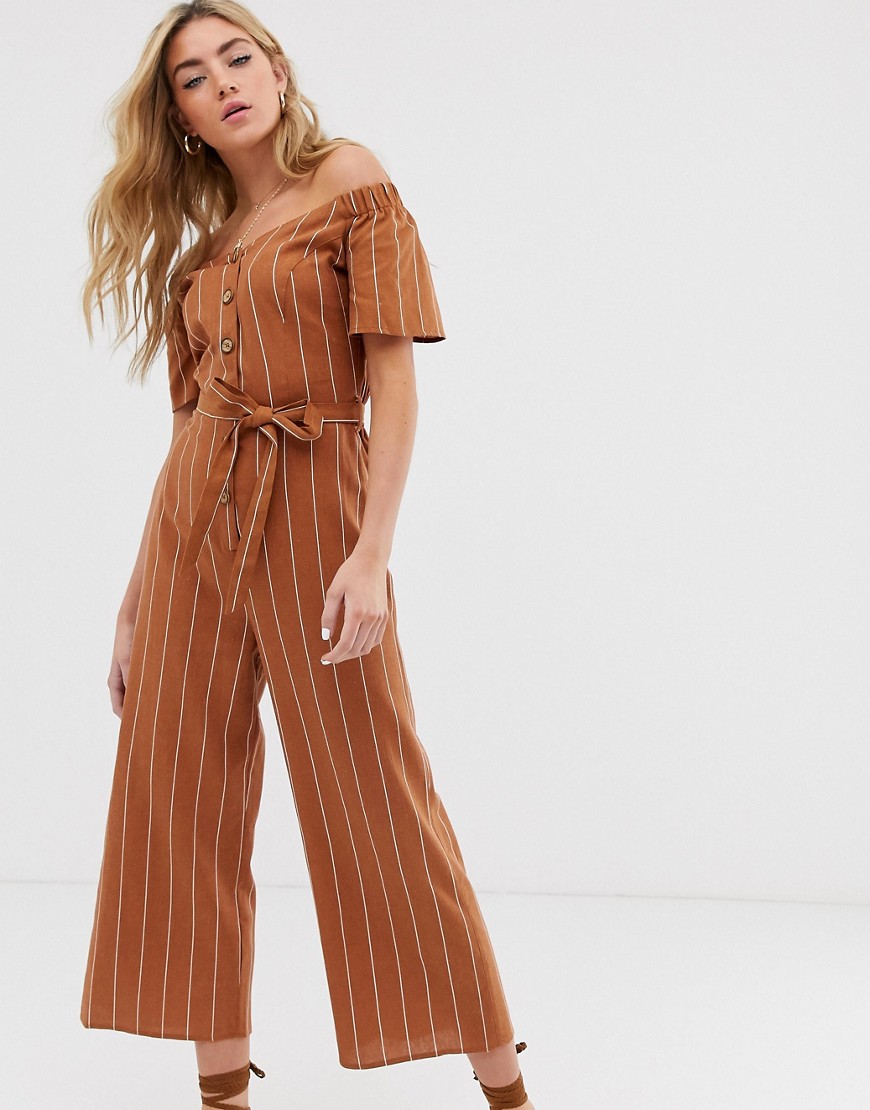 Miss Selfridge off the shoulder jumpsuit with button through in tan stripe-Multi
