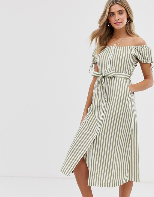 Miss Selfridge off the shoulder midi dress with button through detail in green stripe