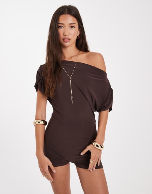 Miss Selfridge off the shoulder playsuit in chocolate, 3 of 4