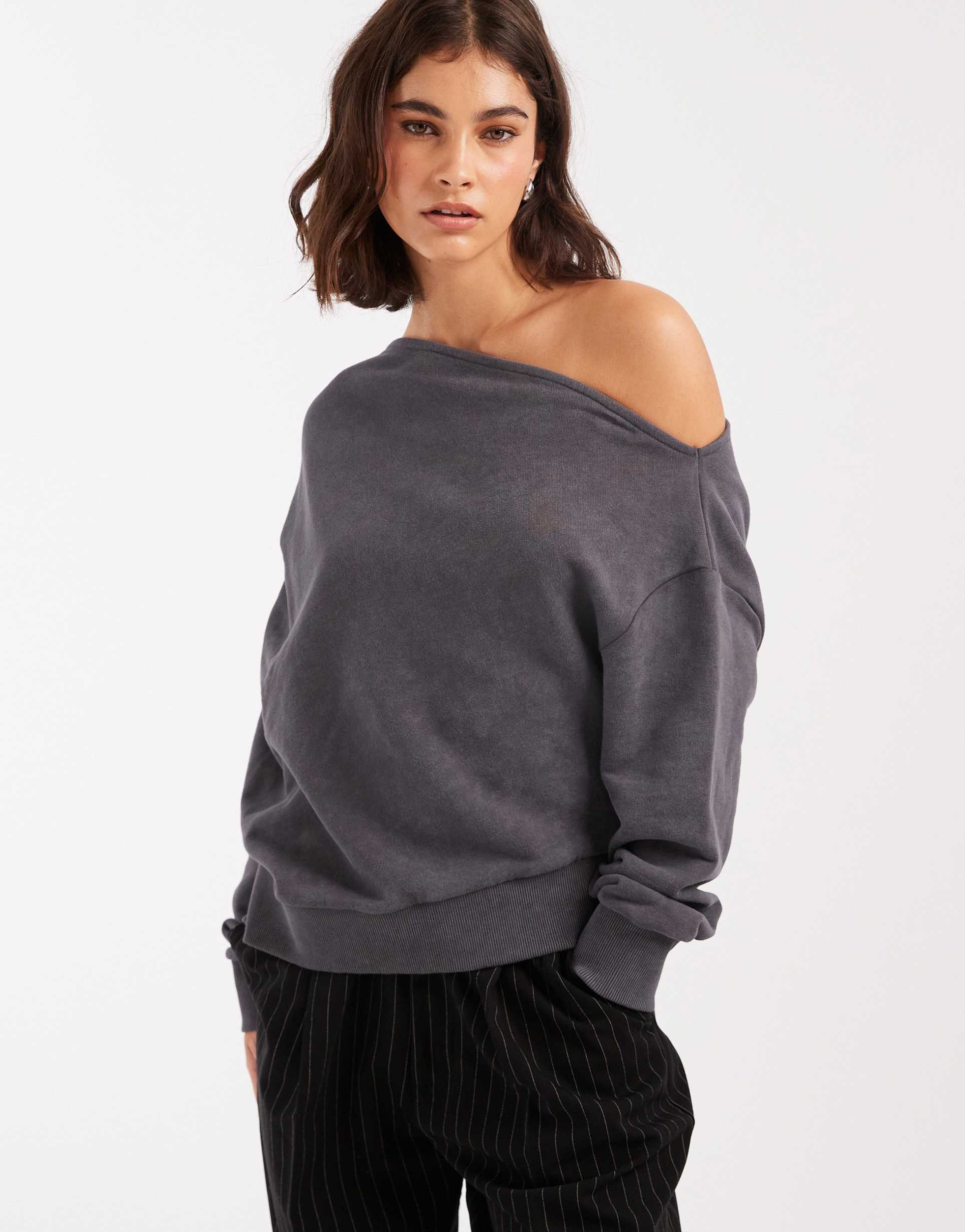 miss selfridge off-the-shoulder pleated sweatshirt in charcoal gray acid wash