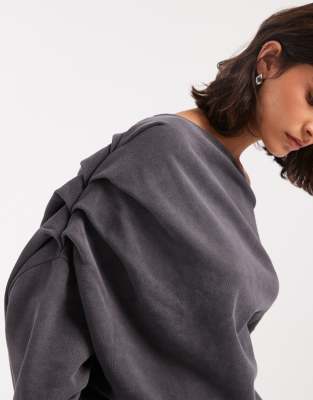 Miss Selfridge Off-the-shoulder Pleated Sweatshirt In Gray