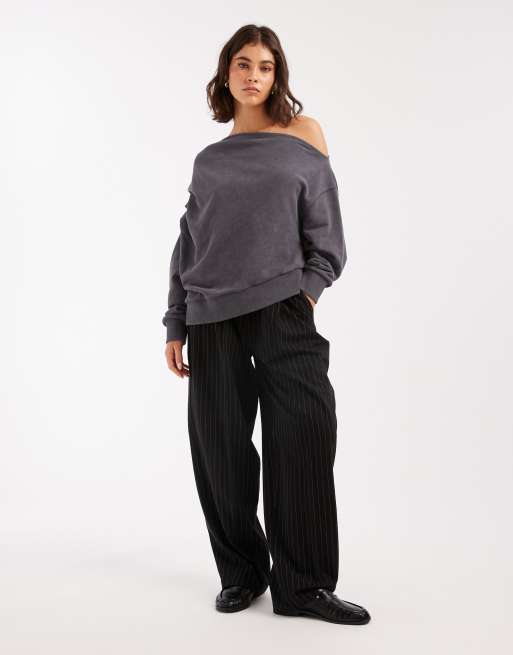 Miss Selfridge off the shoulder pleated sweatshirt in charcoal grey acid wash, 3 of 4