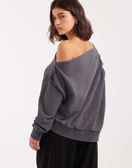 Miss Selfridge off the shoulder pleated sweatshirt in charcoal grey acid wash, 4 of 4