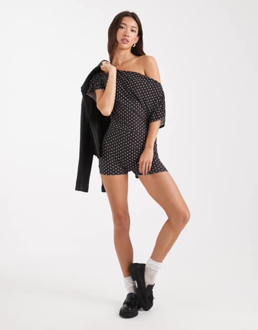 Miss Selfridge off-the-shoulder romper in polka dot