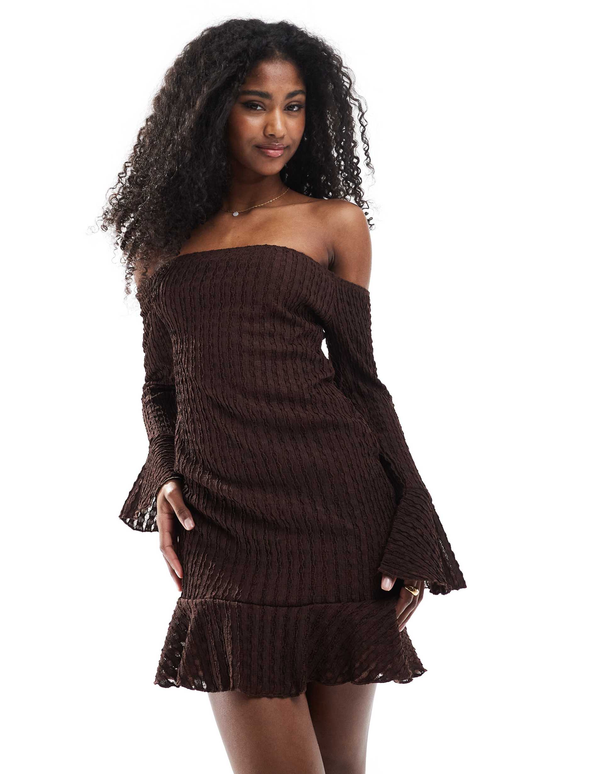 miss selfridge off the shoulder ruffle hem mini dress in chocolate