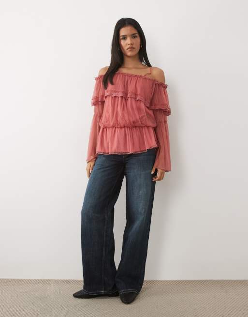 Miss Selfridge off the shoulder ruffle trim textured blouse, 3 of 4