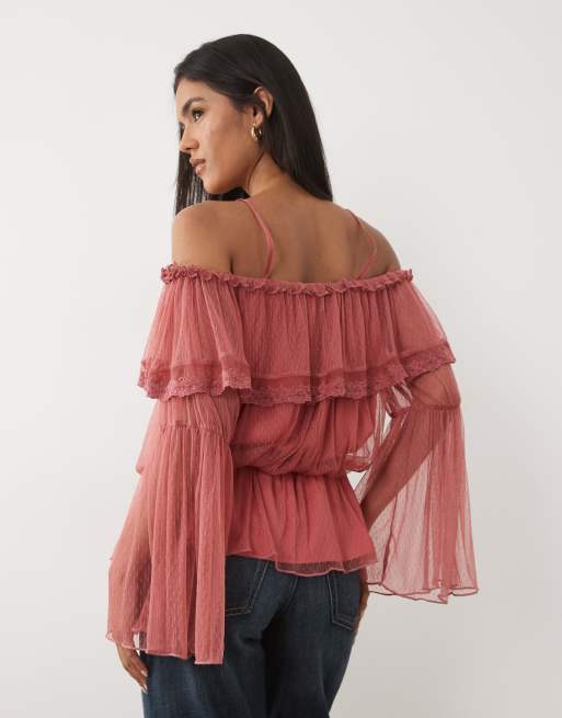Miss Selfridge off the shoulder ruffle trim textured blouse, 4 of 4