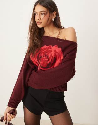 off the shoulder slouchy knit rose sweater-Red