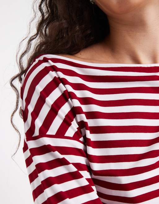 Miss Selfridge off the shoulder top in burgundy stripe, 2 of 4