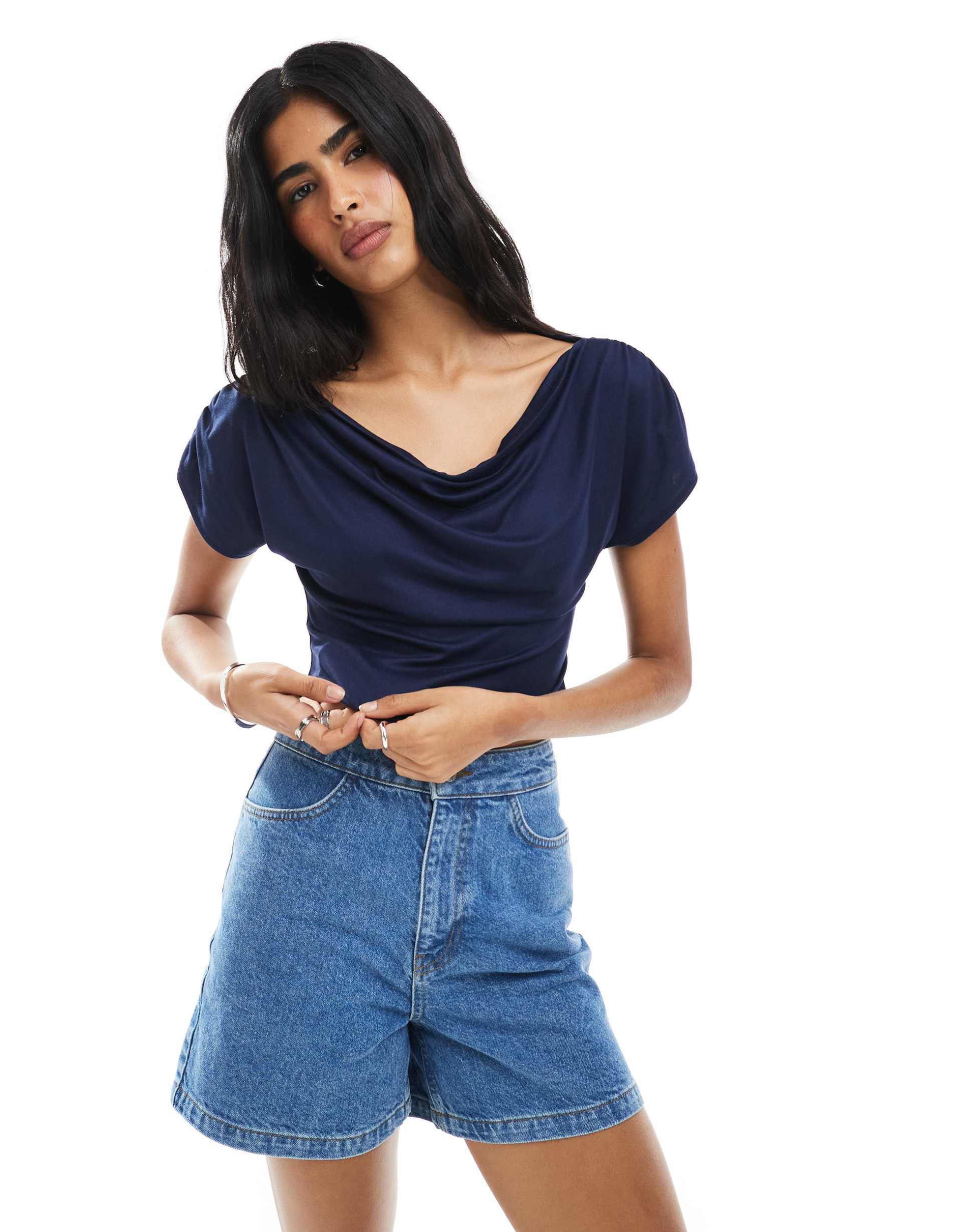 miss selfridge off the shoulder top in navy