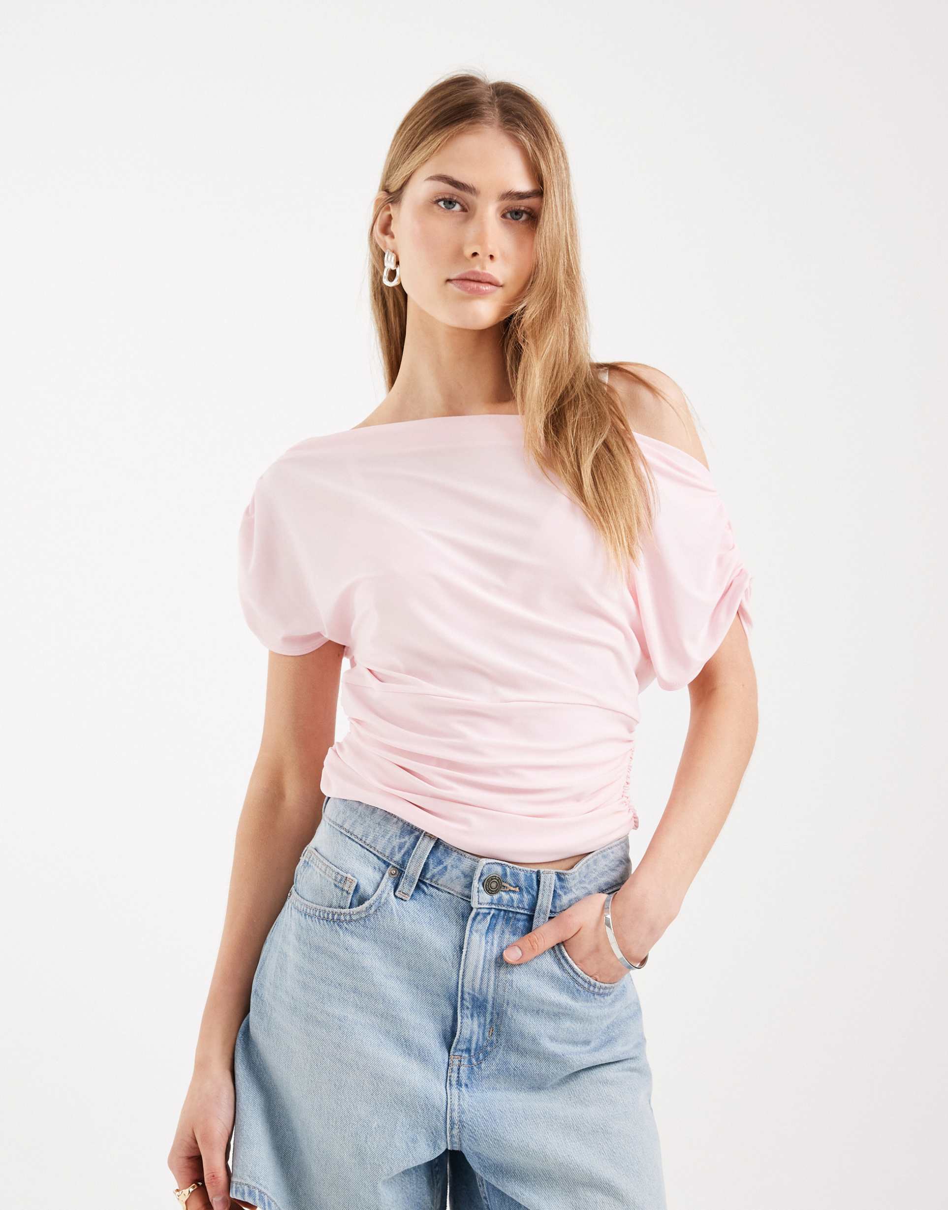 miss selfridge off the shoulder top with ruched sides in pink