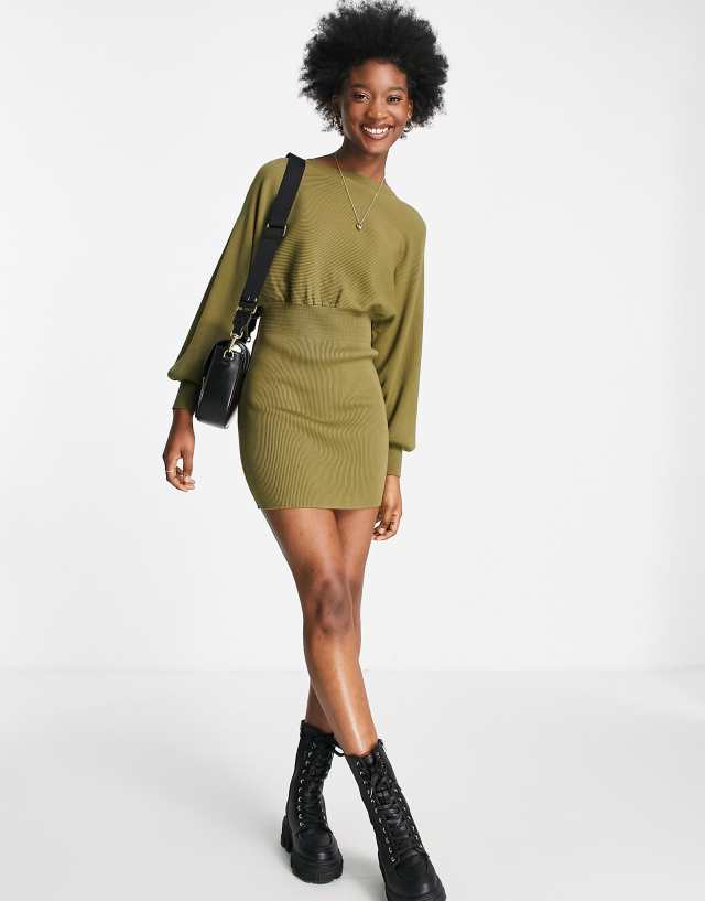 Miss Selfridge olive fitted waist knit mini dress - KHAKI