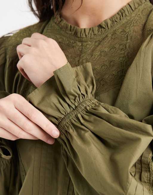 Miss Selfridge - Olivengrøn smock-kjole i poplin med blondeindsats, 3 af 4