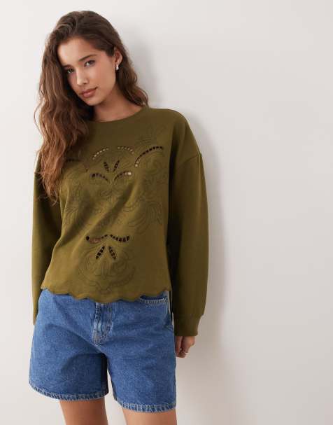Miss Selfridge - Olivengrøn sweatshirt med broderi og bindebånd i siden - view 1