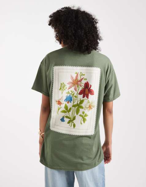 Miss Selfridge - Olivengrøn T-shirt med tapetblomstergrafik - view 1