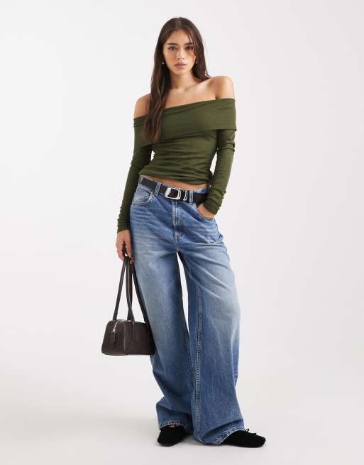 Miss Selfridge – Olivgrön, finstickad topp med bardotringning, 2 av 4