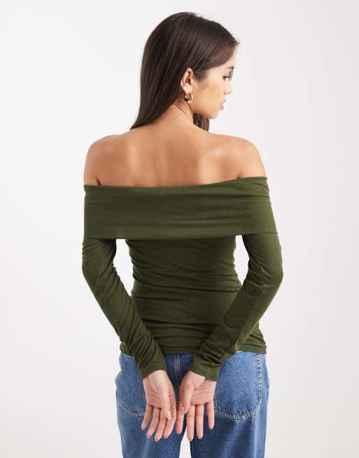 Miss Selfridge – Olivgrön, finstickad topp med bardotringning, 4 av 4