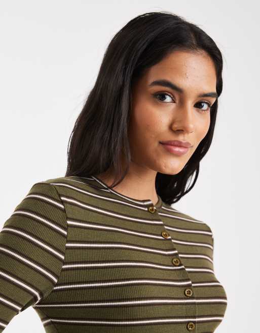 Miss Selfridge – Olivgrön, randig topp med långa ärmar, del av set, 3 av 4