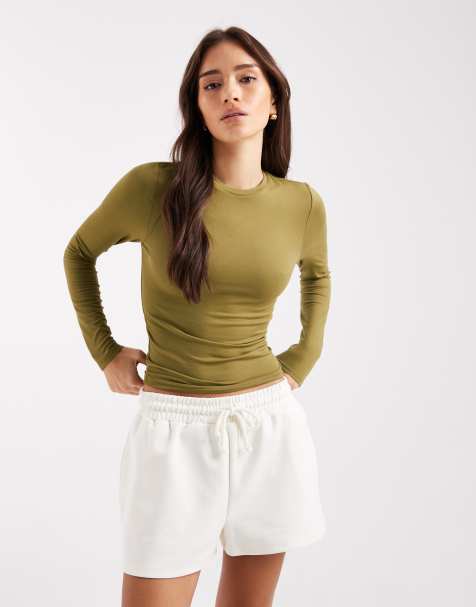 Miss Selfridge – Olivgrön, skulpterande t-shirt med långa ärmar - view 1