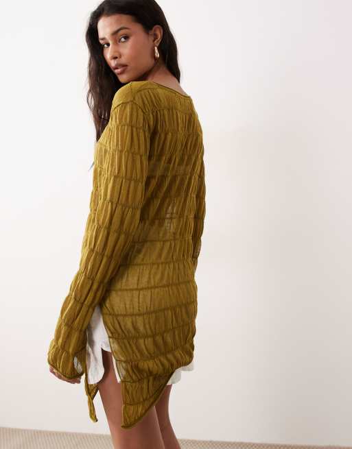Miss Selfridge – Olivgrön, smockad, skir och stickad topp med asymmetrisk design, 4 av 4