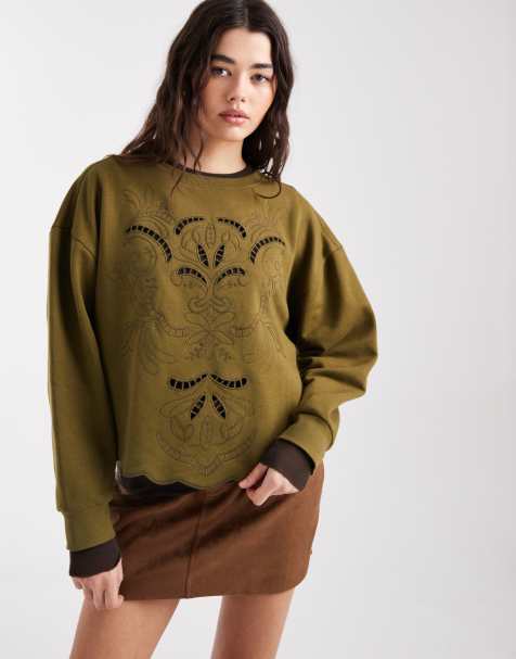 Miss Selfridge – Olivgrön sweatshirt med broderi och knytning i sidan - view 1