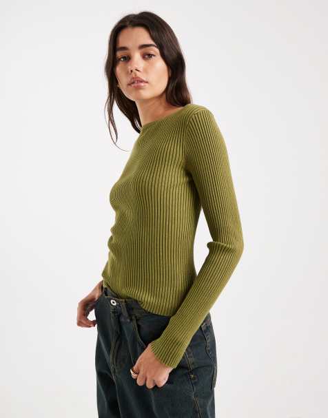 Miss Selfridge knit rib slash neck long sleeve top in olive
