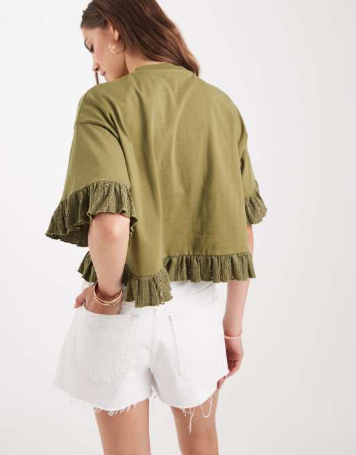 Miss Selfridge – Oliwkowy T-shirt z falbanką u dołu, 4 z 4