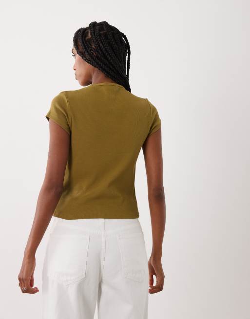 Miss Selfridge – Oliwkowy top zapinany na guziki, 3 z 4