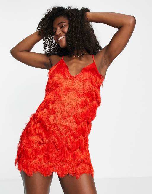 Miss Selfridge ombre fringe dress in red