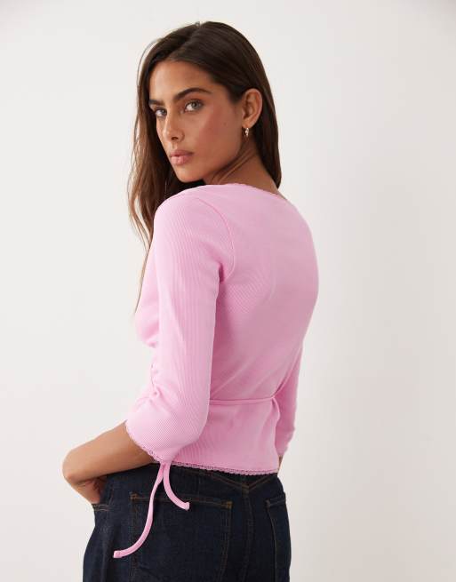 Miss Selfridge omlottopp med 3/4-ärm i rosa, 3 av 4